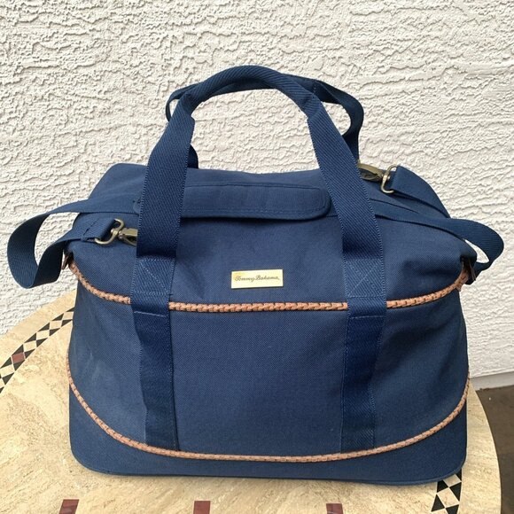 Tommy Bahama Canvas Travel Bag Mojito Blue Duffle Basketweave Trim 20" x 14" x 8 - Picture 1 of 12